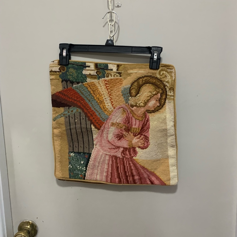 Vintage needlepoint angel tapestry pillow cover